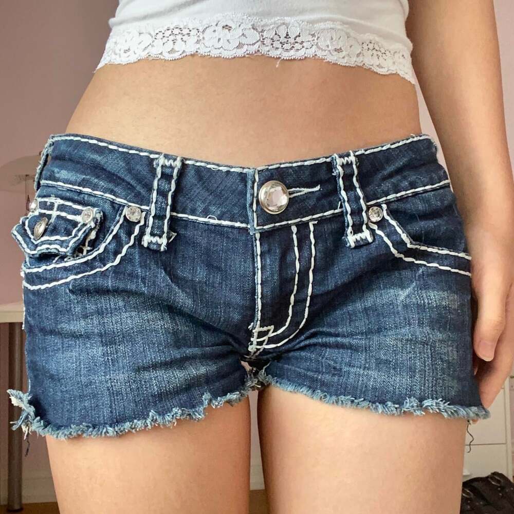 vintage 2000s ultra low rise dark wash denim shorts - Picture 2 of 8